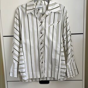 Ganni White Button-Up Shirt with Black and Yellow stripes 100% cotton